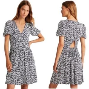 BODEN Back Detail Jersey Puff Sleeve Mini Dress Navy White Floral V-Neck NWT 4